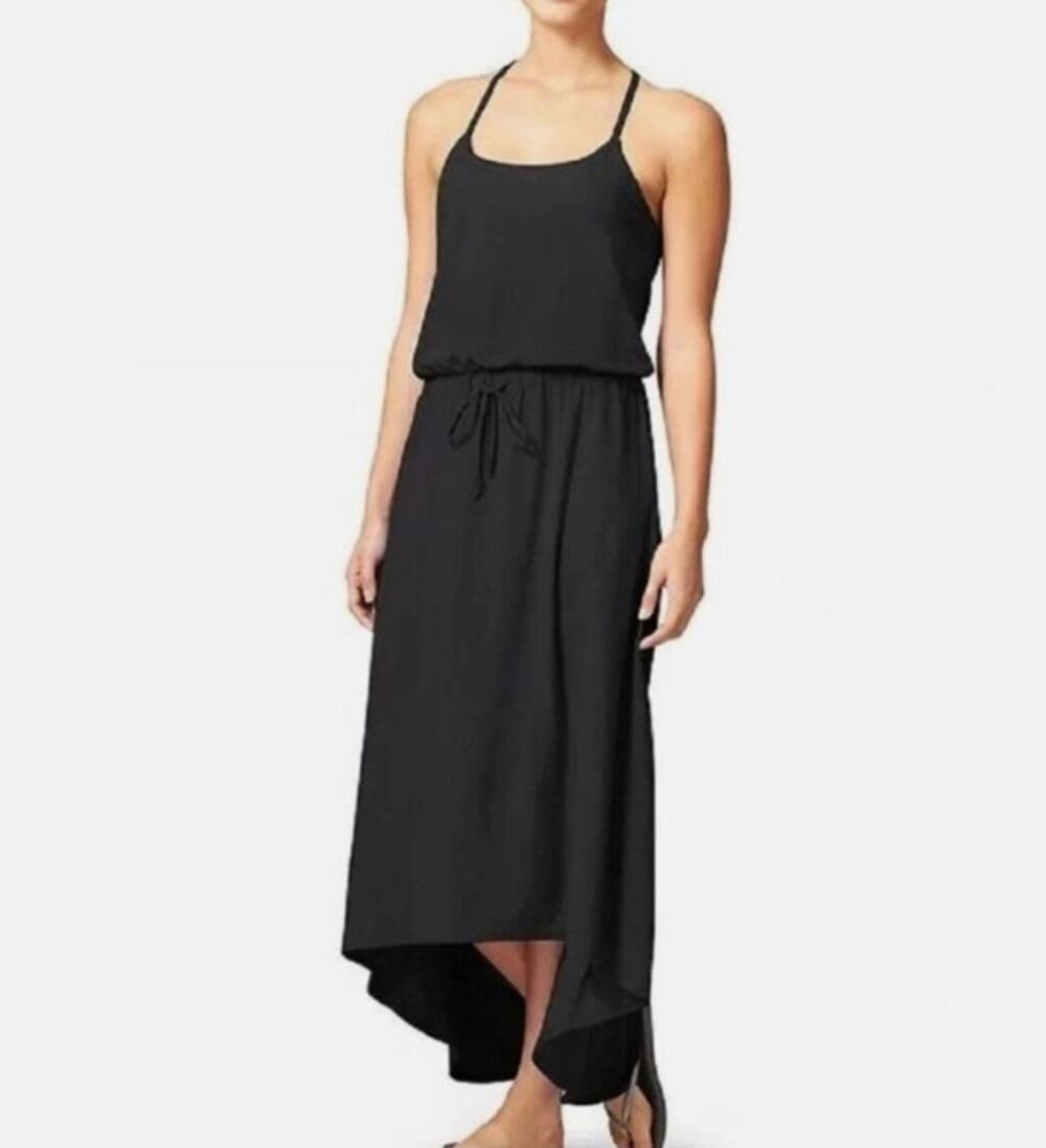 Athleta Women's Sz 8 Novella Black Midi Maxi Athletic Racerback Dress Hi Low